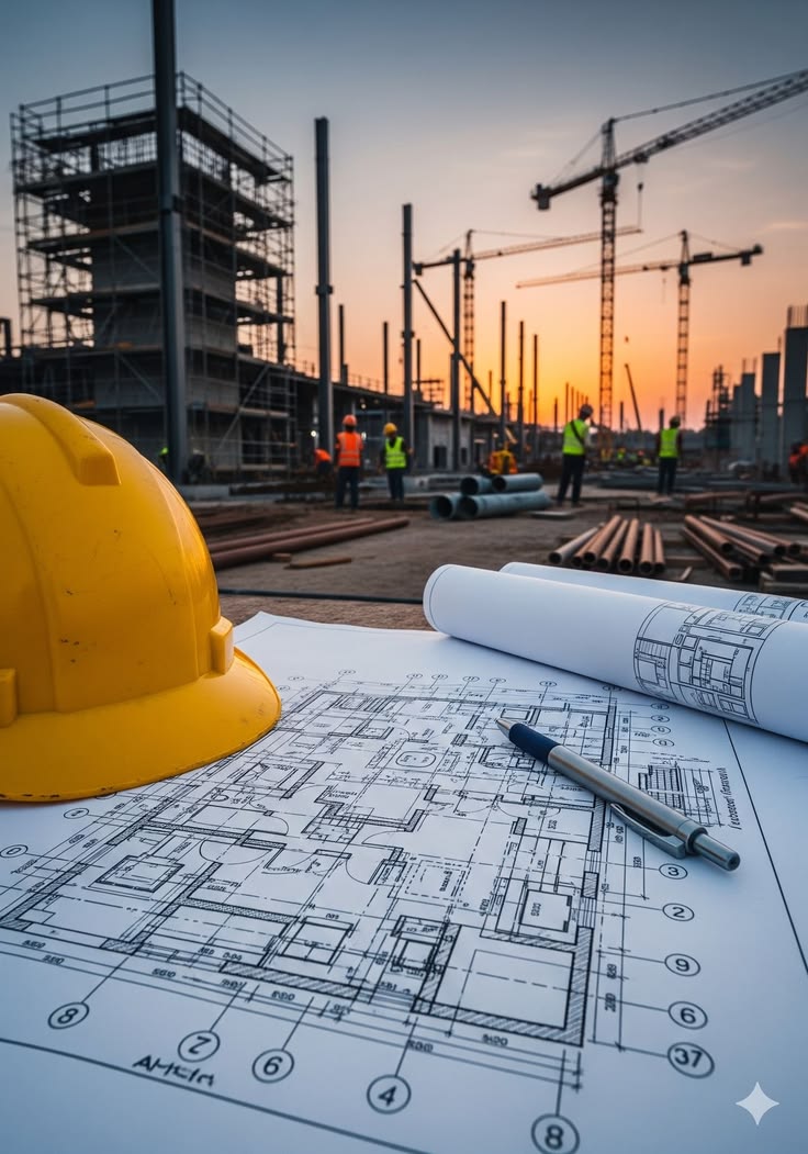 Civil construction site with plans and safety helmet